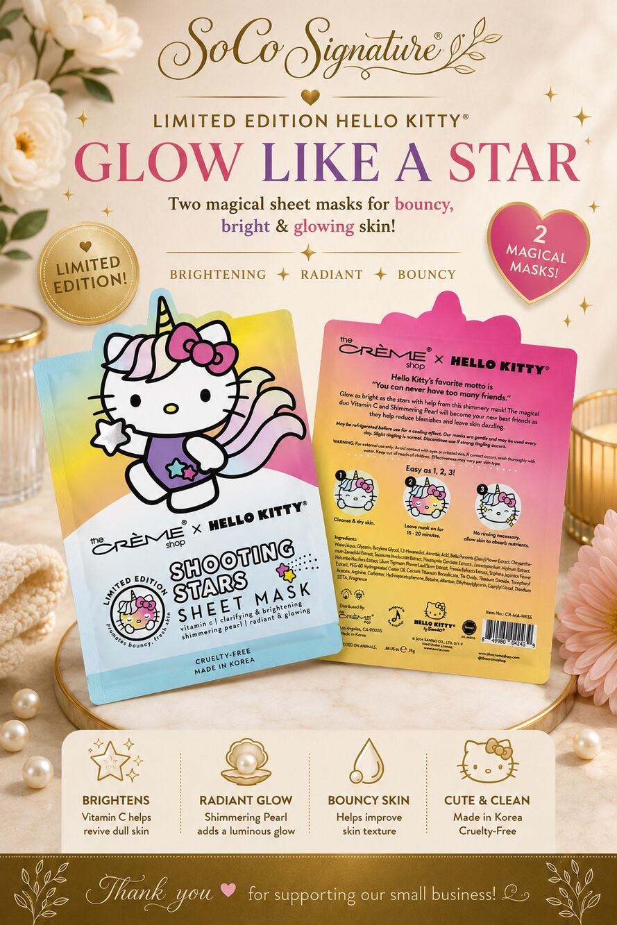 The Crème Shop Hello Kitty Glowing Sheet Masks Set of 2 K-Beauty NWT